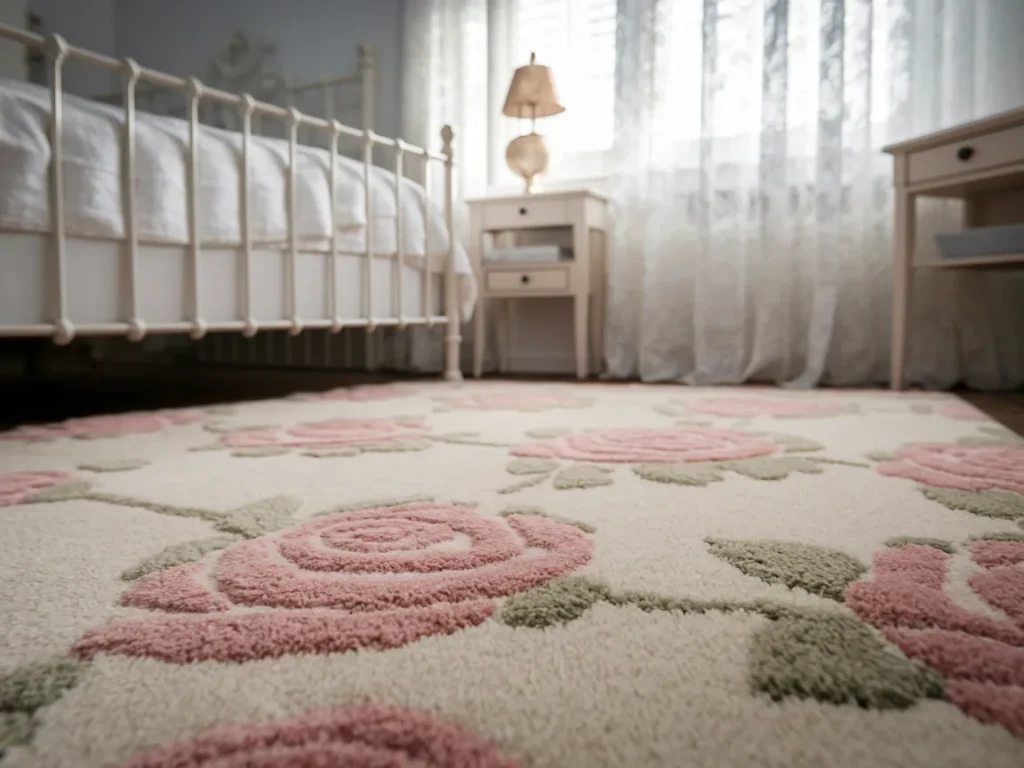 Close-up of a vintage rose patterned rug in cream and blush pink