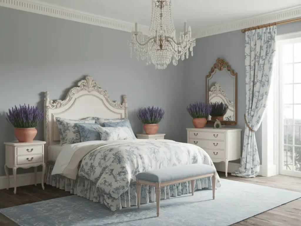 A French country shabby chic bedroom with ornate carved