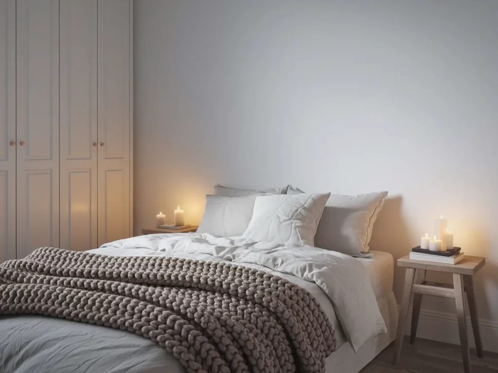 A Scandinavian-inspired hygge bedroom with white walls,