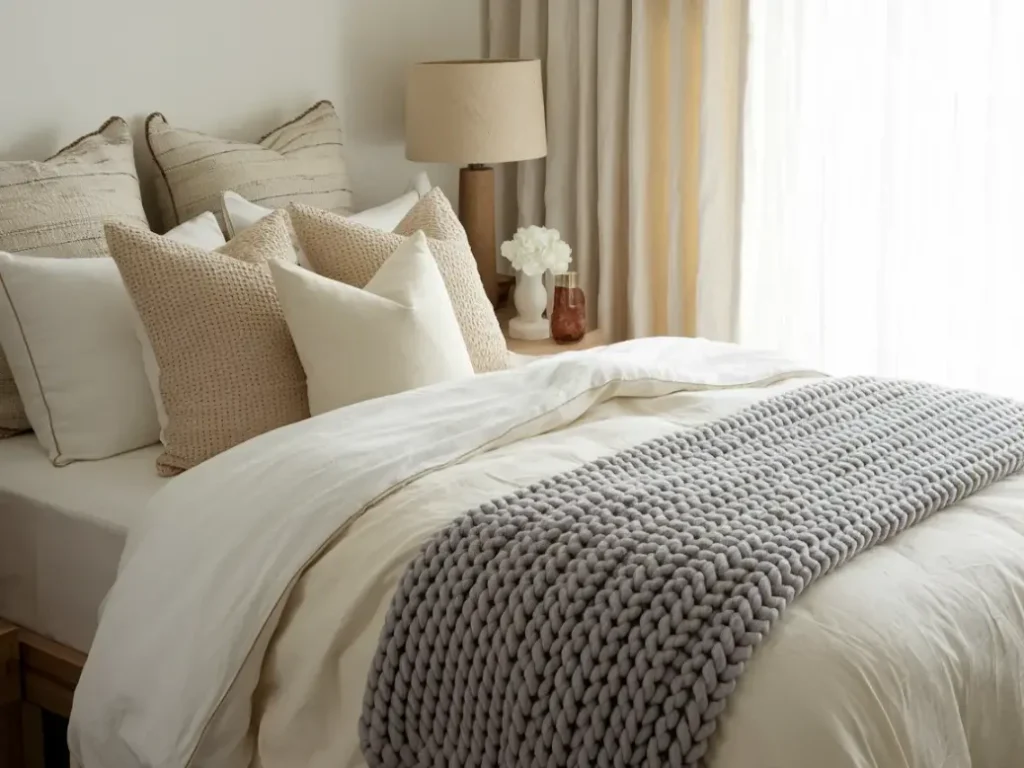 A beautifully layered bed with white cotton sheets