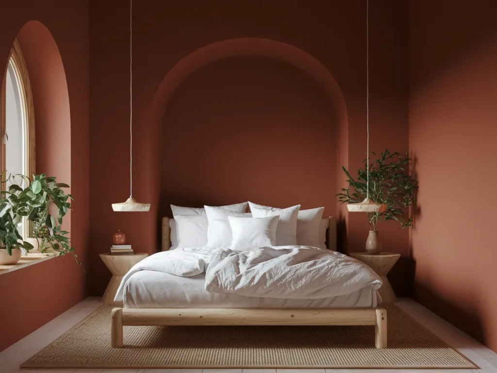 A bedroom with warm terracotta-painted walls