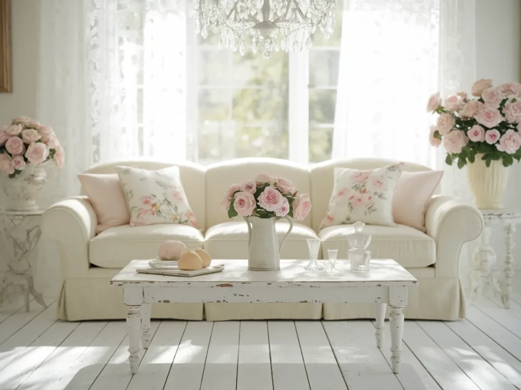 A bright, airy living room with a white distressed wooden coffee table