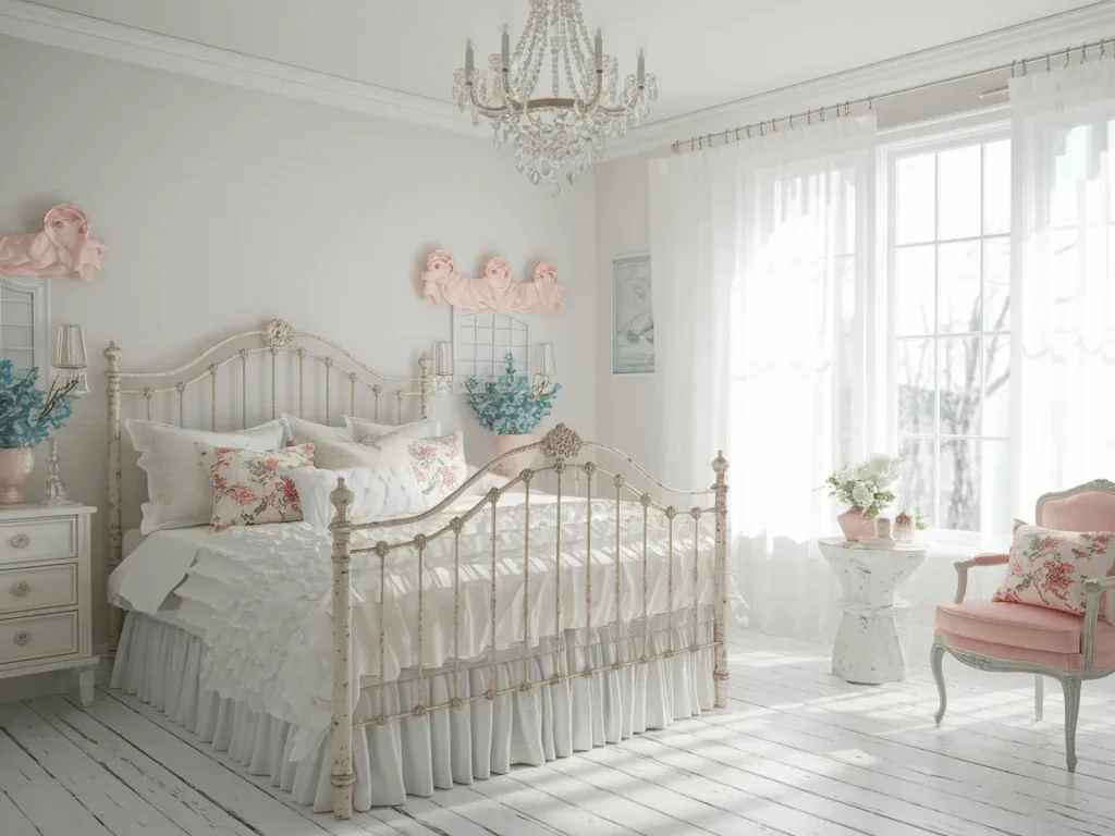 A bright, airy shabby chic bedroom with white distressed