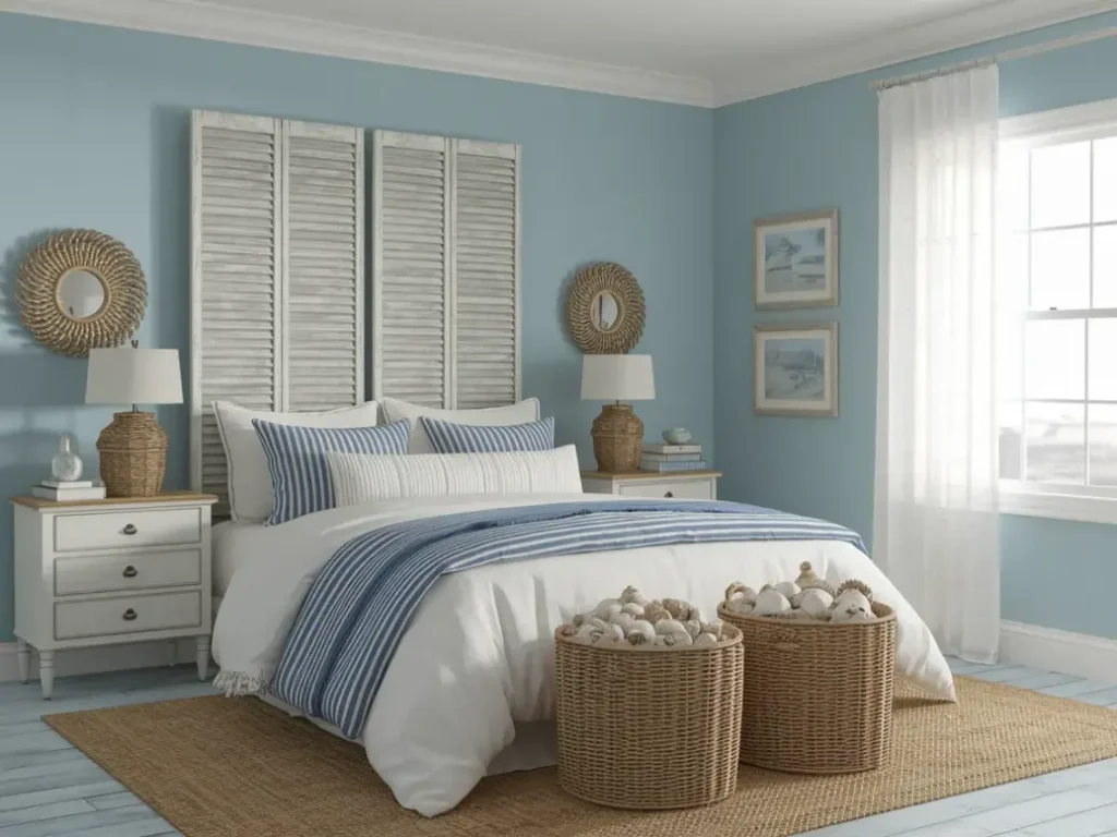 A coastal shabby chic bedroom with soft blue walls