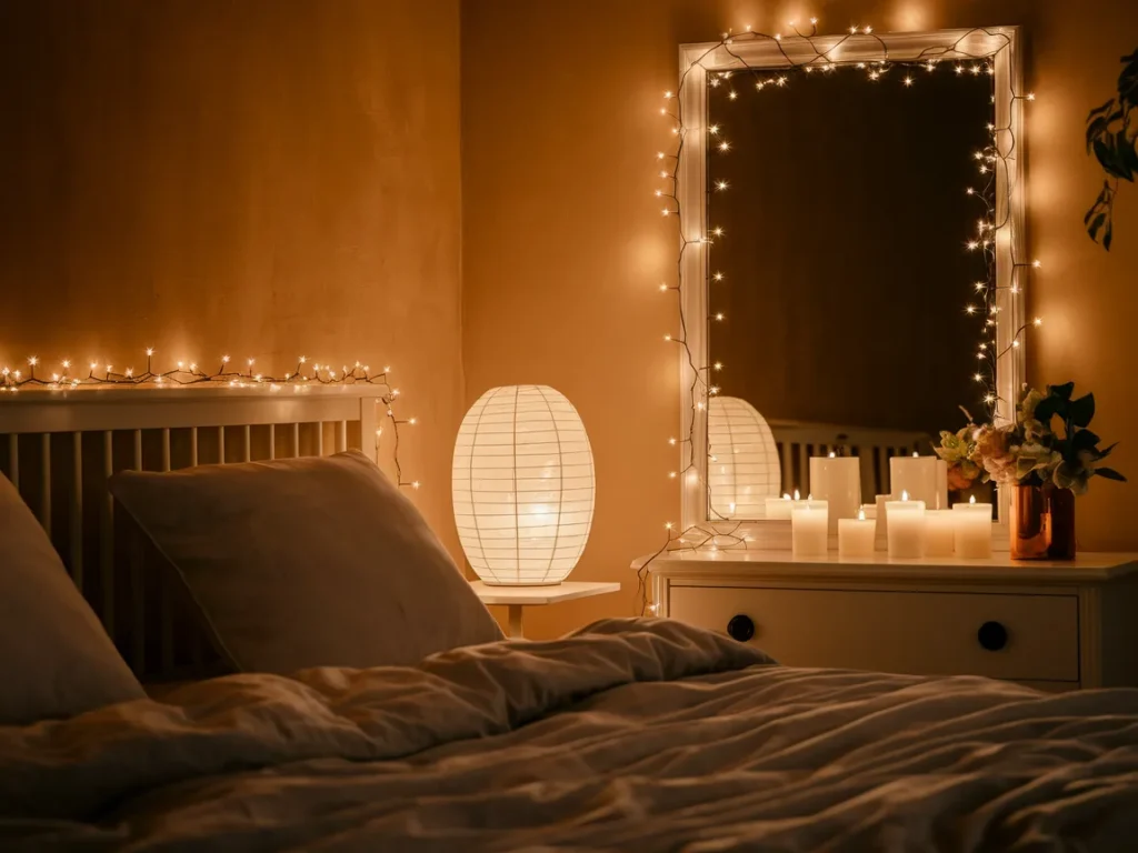 A cozy bedroom at dusk with multiple light sources