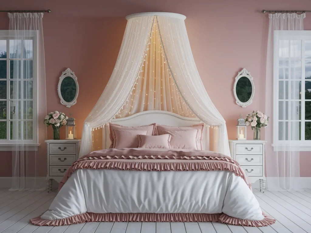 A dreamy shabby chic bedroom with white gauzy