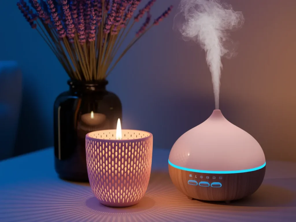 A nightstand scene with a glowing candle in a pretty holder,