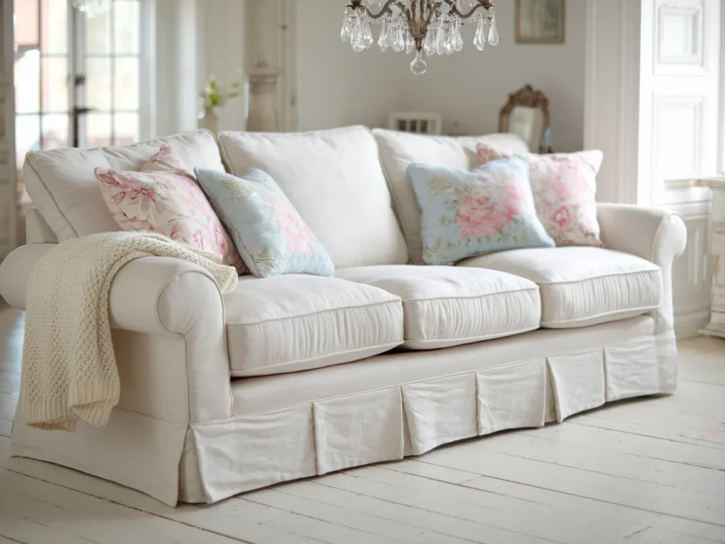 A plush, overstuffed sofa with white cotton slipcover