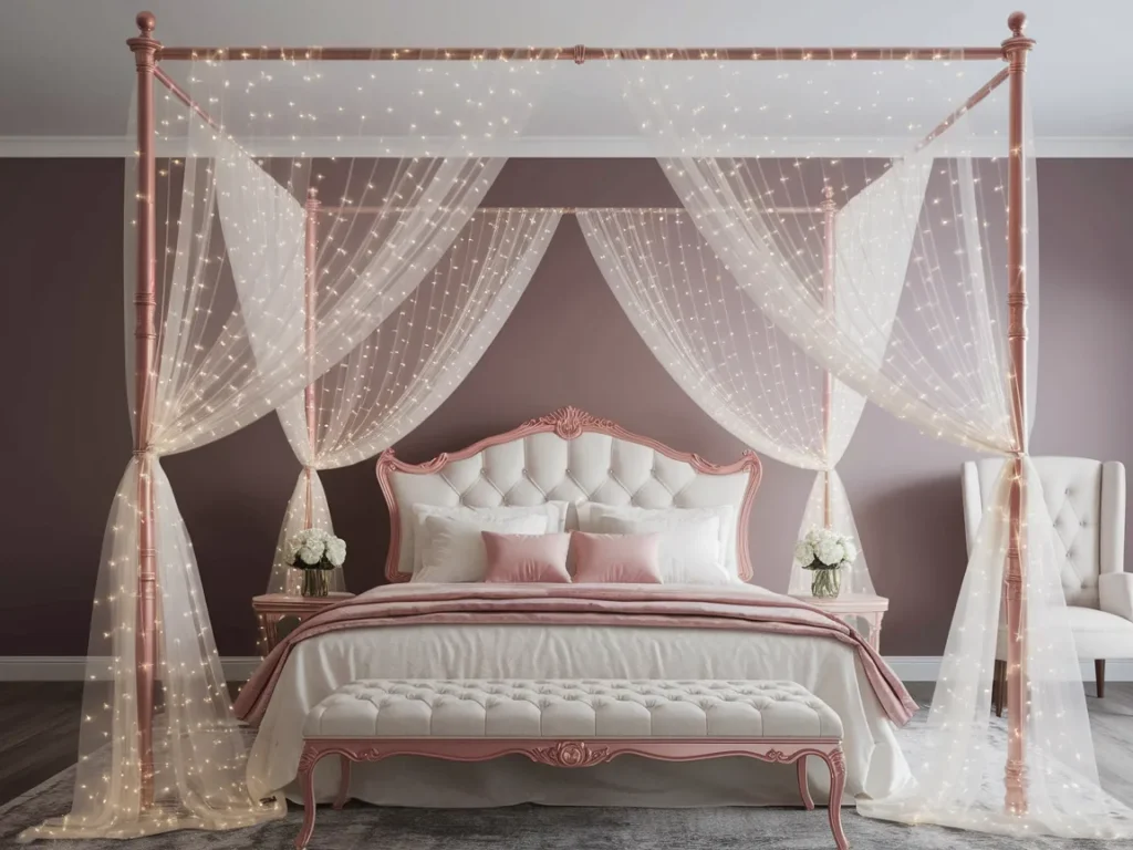 A romantic bed with sheer white canopy drapes