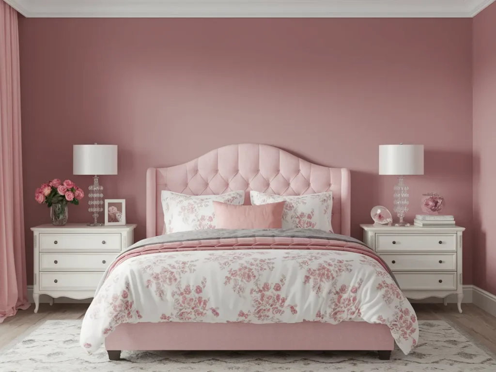 A romantic pastel pink shabby chic bedroom with dusty rose accent
