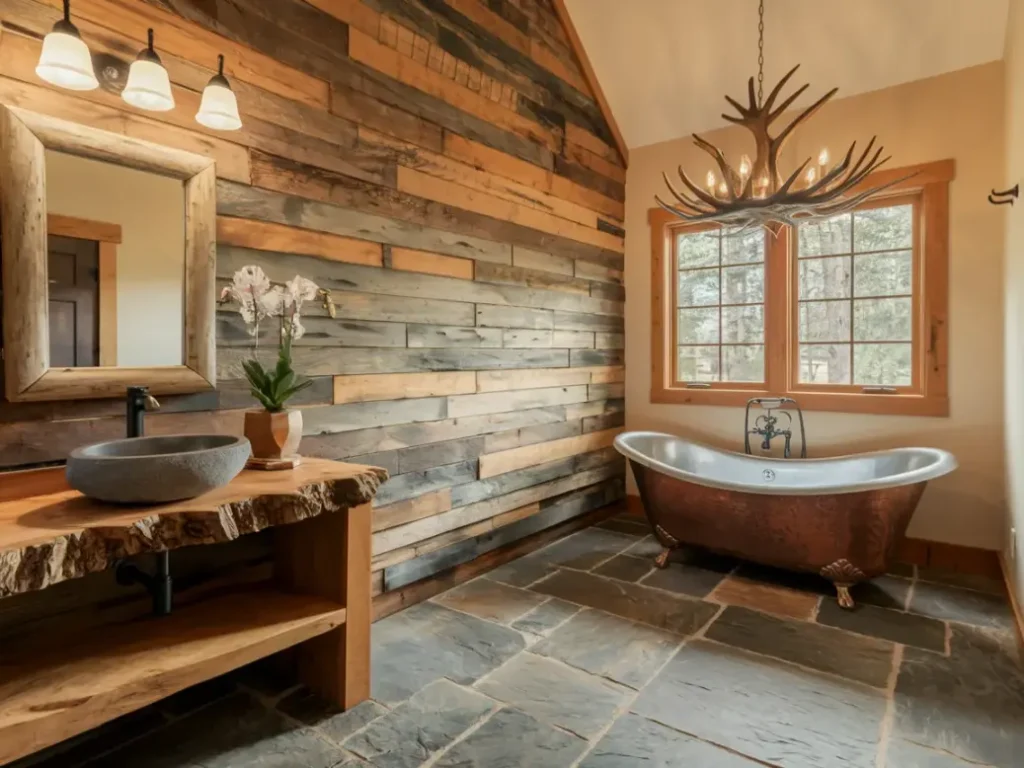 A rustic retreat bathroom with reclaimed barn wood accent wall, stone vessel sink