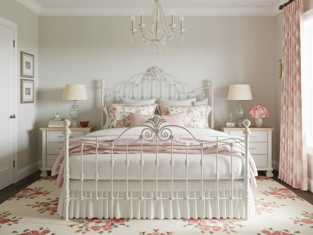 A shabby chic bedroom with ornate white wrought