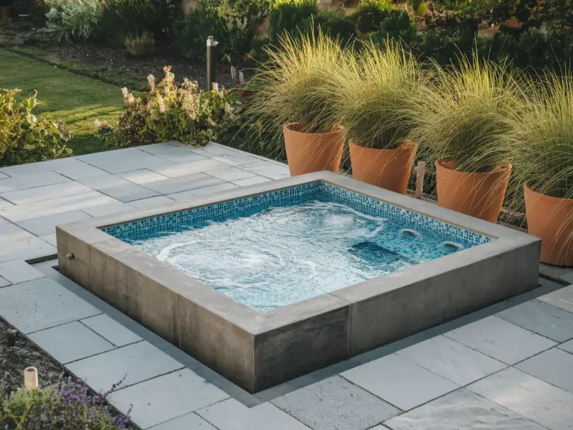 A sleek rectangular concrete hot tub with blue mosaic tiles inside