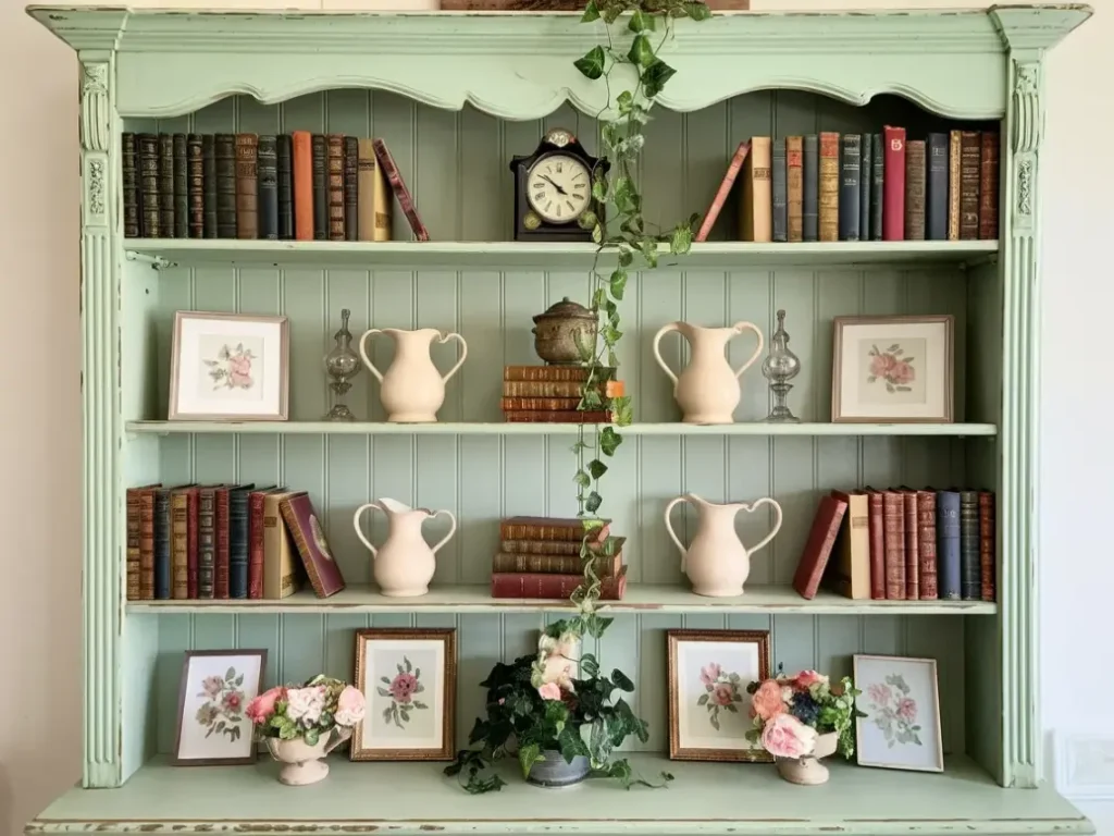 A tall vintage bookshelf painted in soft mint green