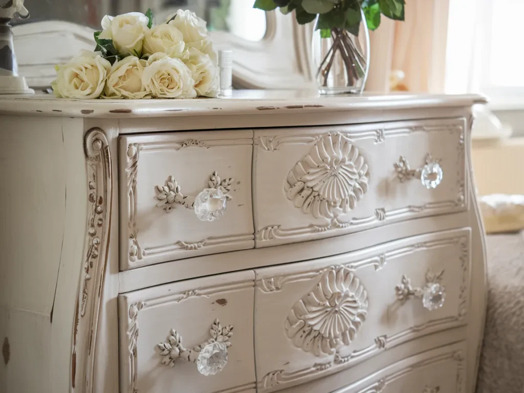 A vintage French-style dresser with distressed white chalk
