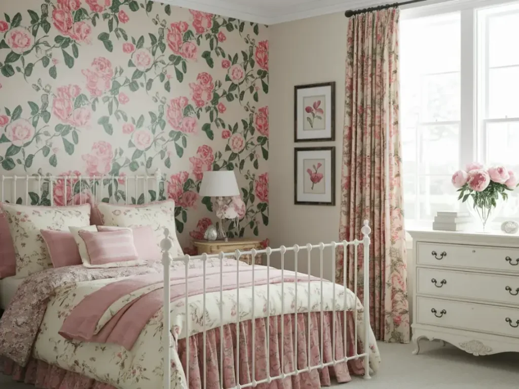 A vintage floral shabby chic bedroom with rose-patterned