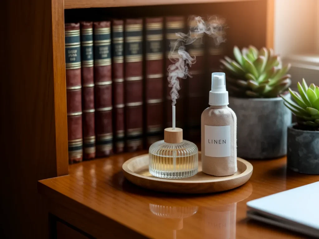 Aesthetic dorm corner with small tray holding