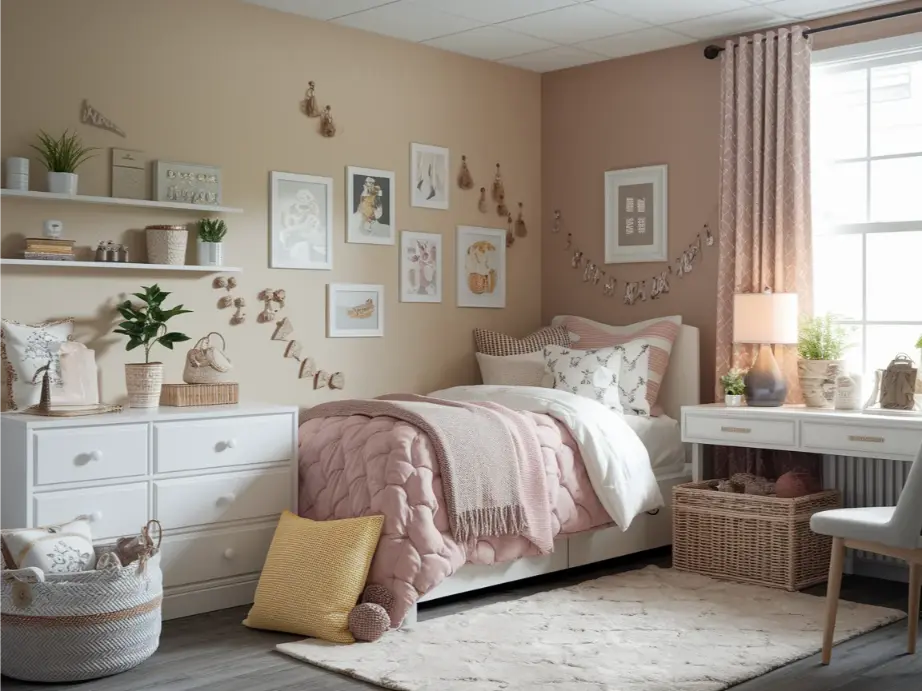 Aesthetic dorm room with neutral base