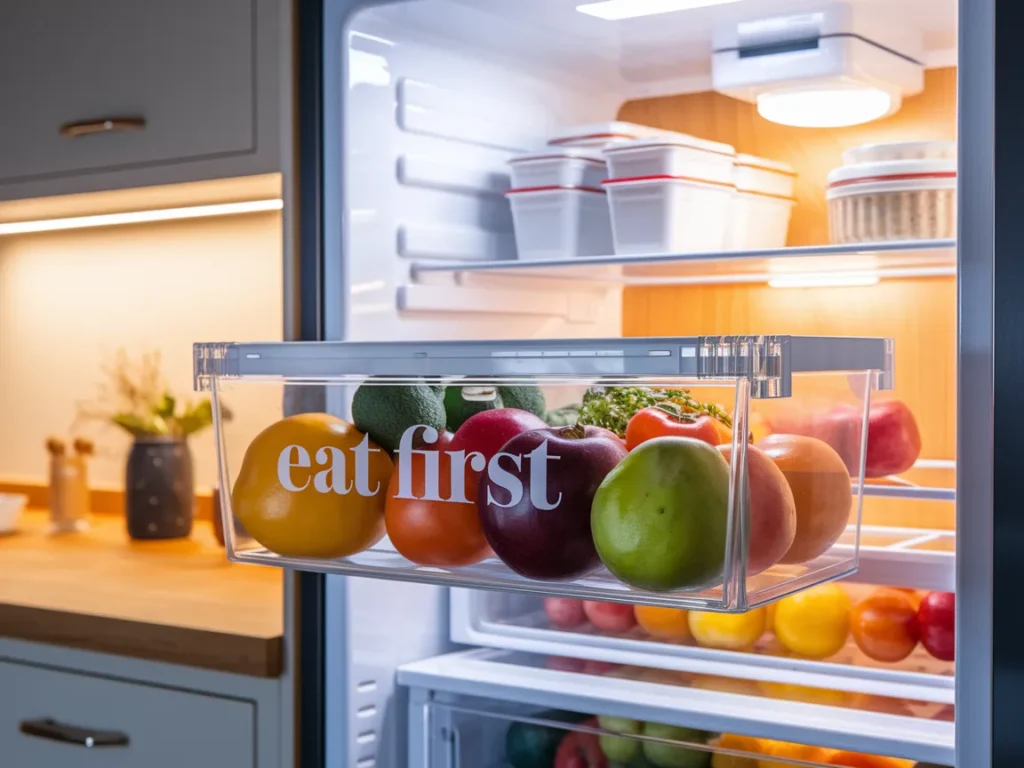 Aesthetic fridge with front “Eat First” clear bin