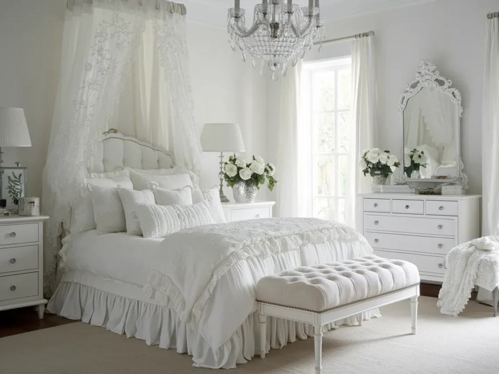 An all-white shabby chic bedroom with white distressed 