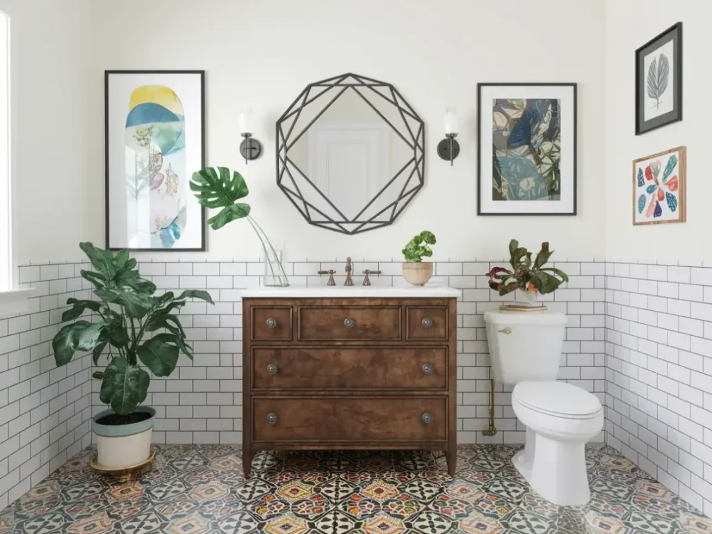 An eclectic bathroom mixing styles with vintage dresser