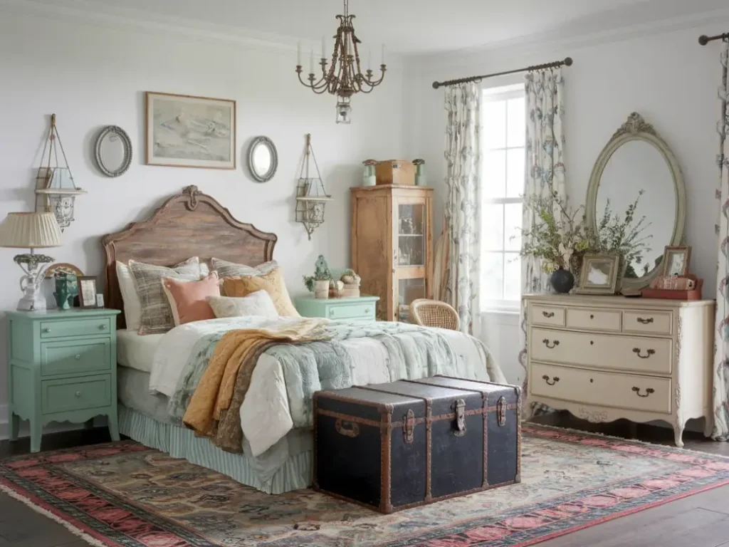 An eclectic shabby chic bedroom with mismatched