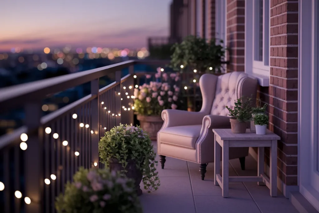 Apartment balcony at night with warm string lights