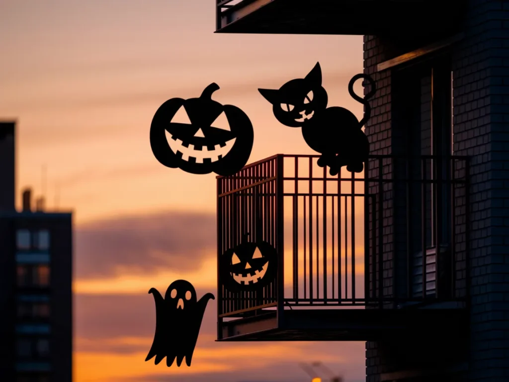 Apartment balcony railing covered with large Halloween silhouettes