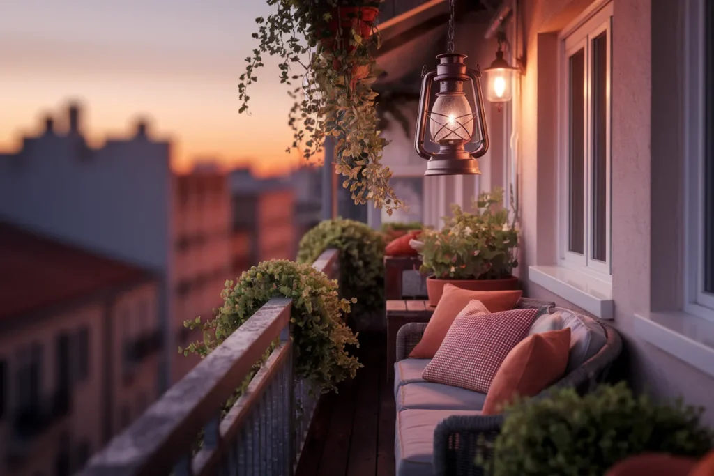 Apartment balcony with lantern light glow near seating area