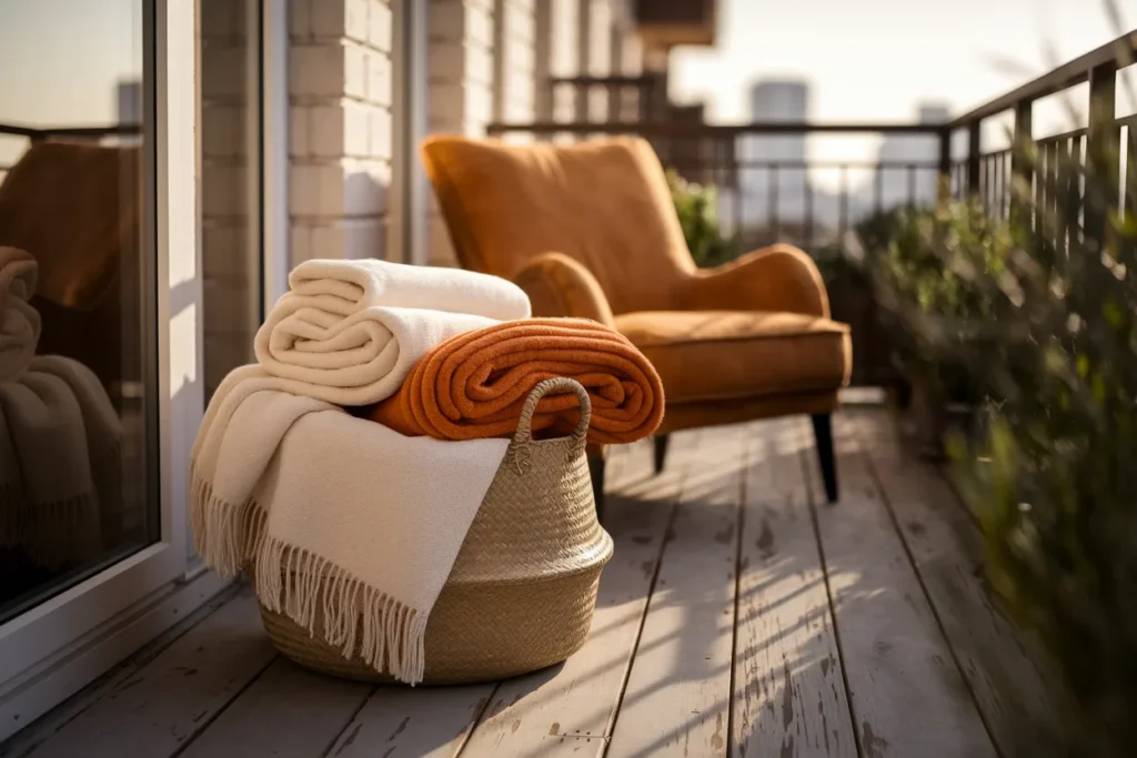 Apartment balcony with woven basket 