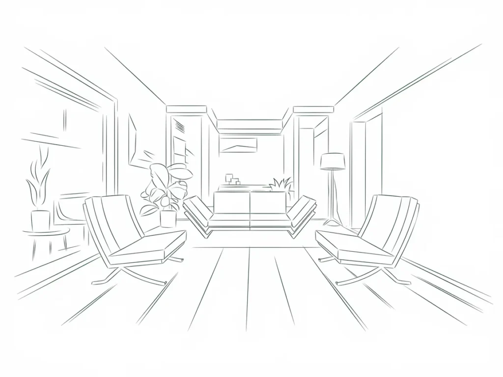  Apartment living room drawing with floating sofa