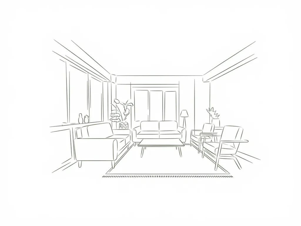 Apartment living room sketch showing rug 