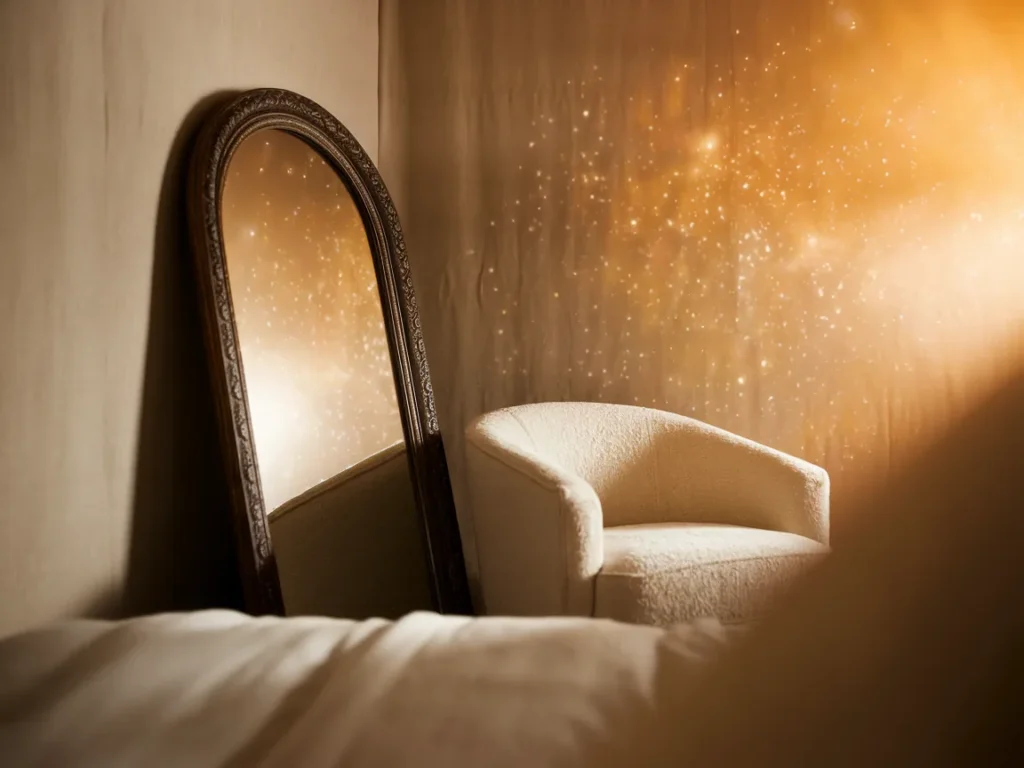 Arched mirror in a bedroom corner