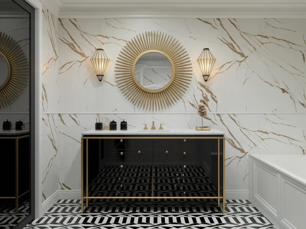 Art Deco glamour bathroom with black and white geometric