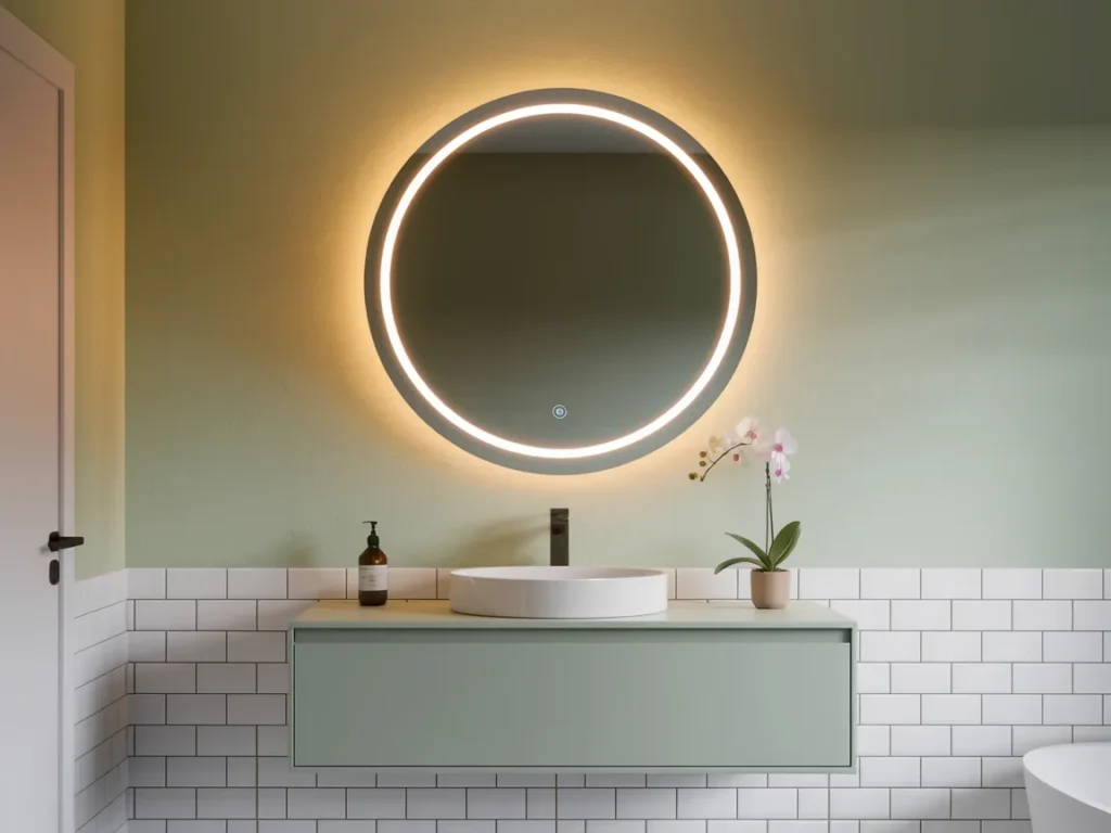 Bathroom vanity wall featuring large round backlit LED
