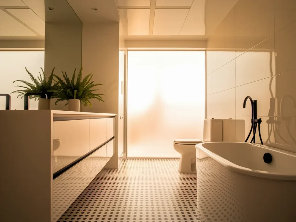 Bathroom with checkerboard vinyl flooring