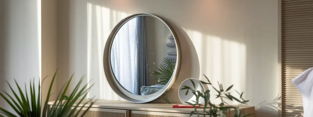 Bedroom featuring a round decorative mirror