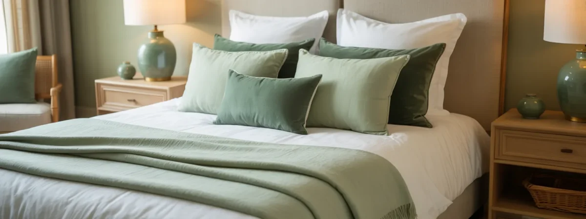 Bedroom showing repeated accent color across pillows and decor