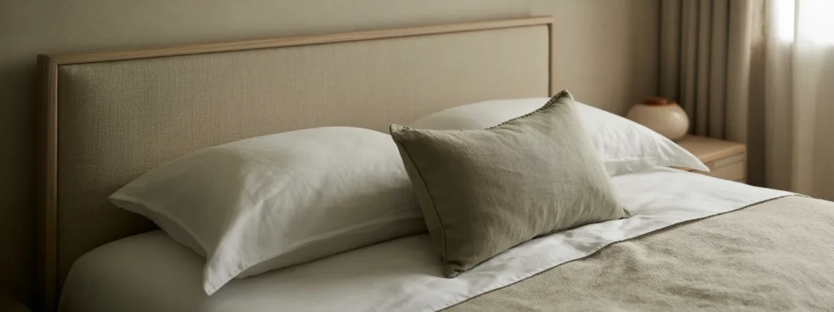 Bedroom with a simple upholstered headboard