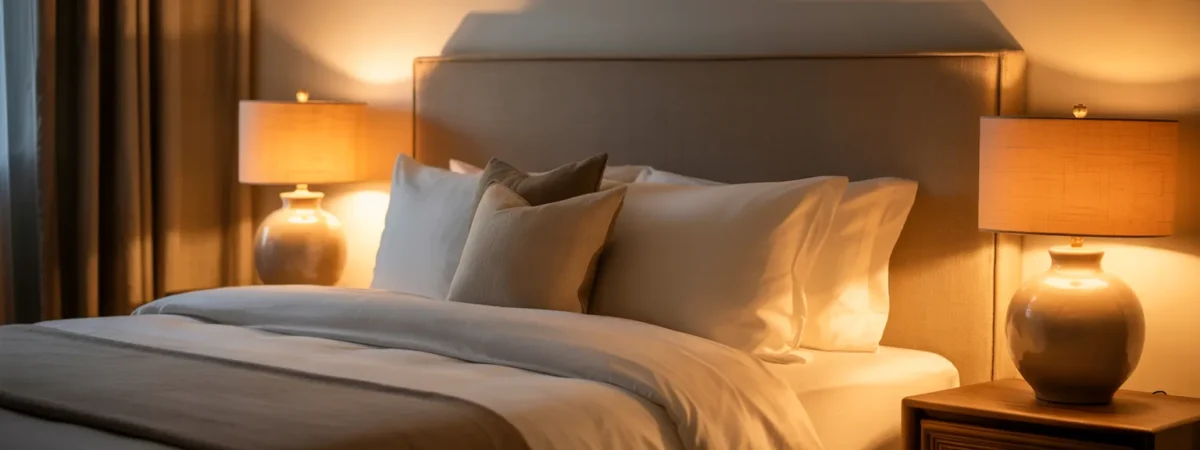 Bedroom with balanced bedside lighting setup