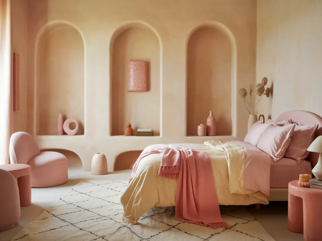 Bedroom with clay pink accents and warm cream