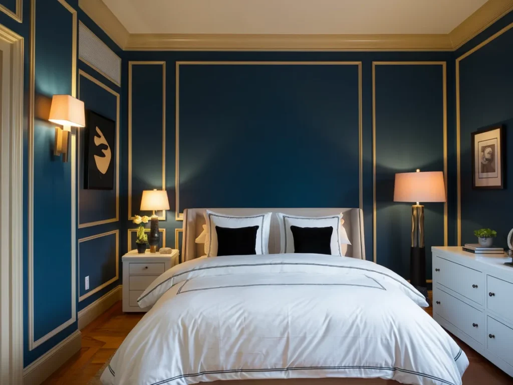 Bedroom with deep blue walls and warm cream