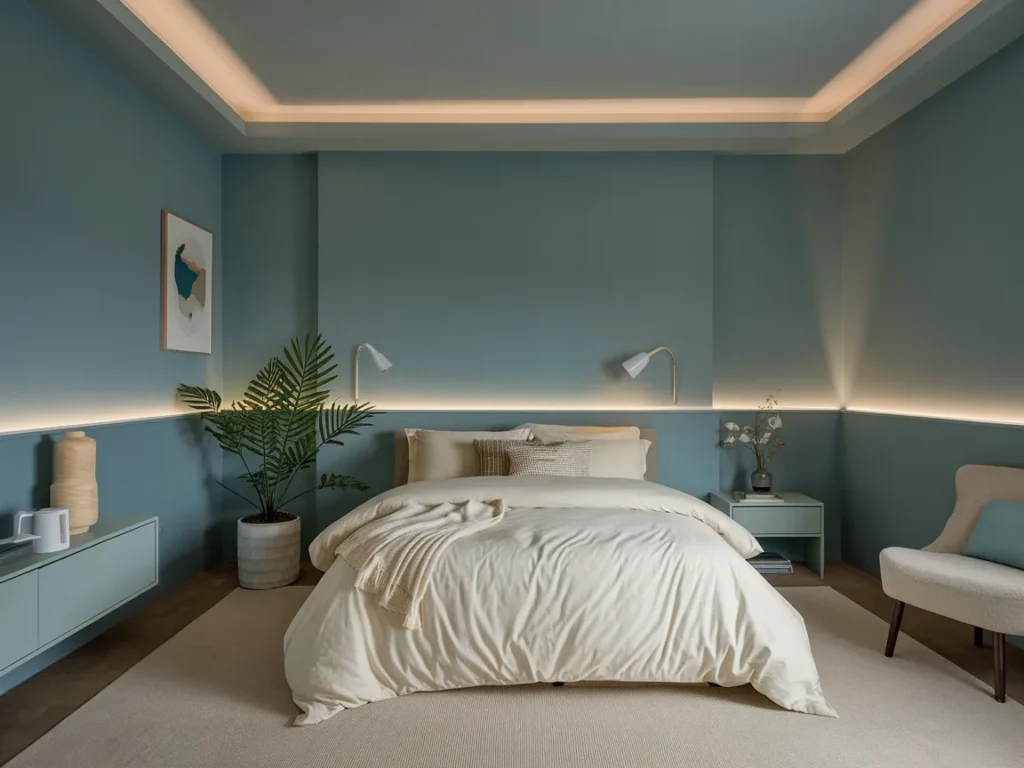 Bedroom with dusty blue walls and off-white bedding