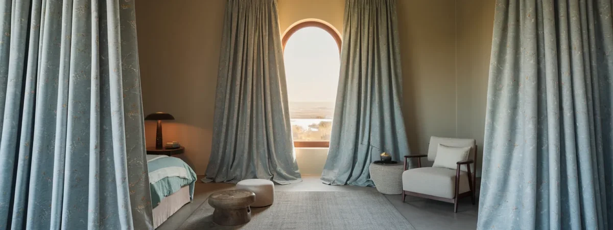 Bedroom with floor-length curtains