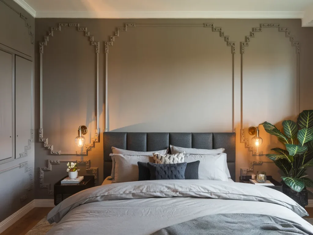 Bedroom with greige walls and charcoal accent elements