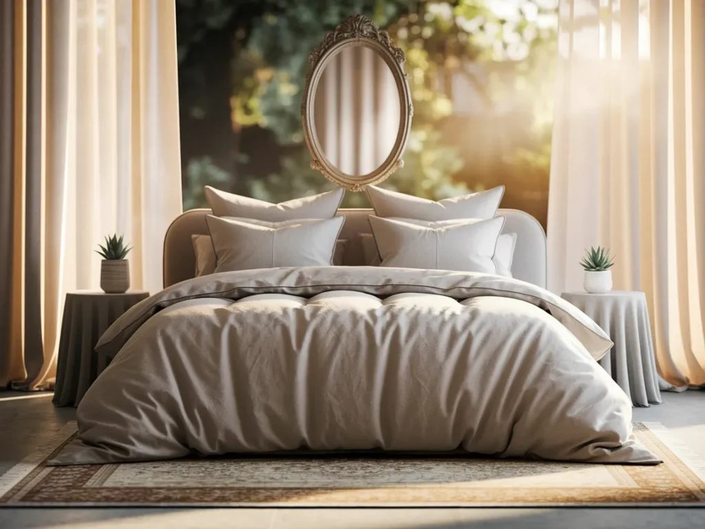 Bedroom with mirror centered above bed