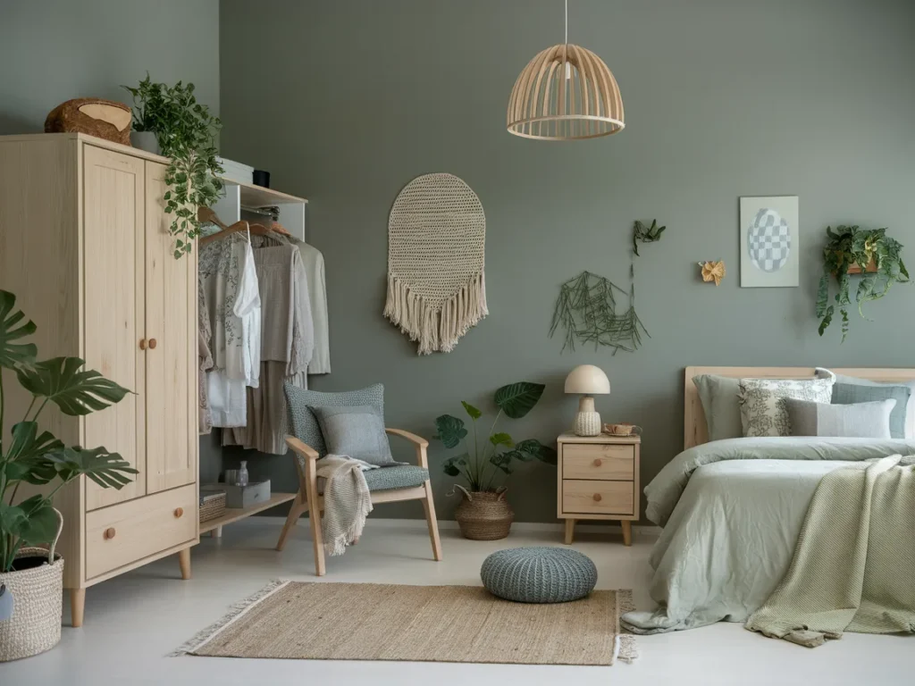 Bedroom with muted sage green walls