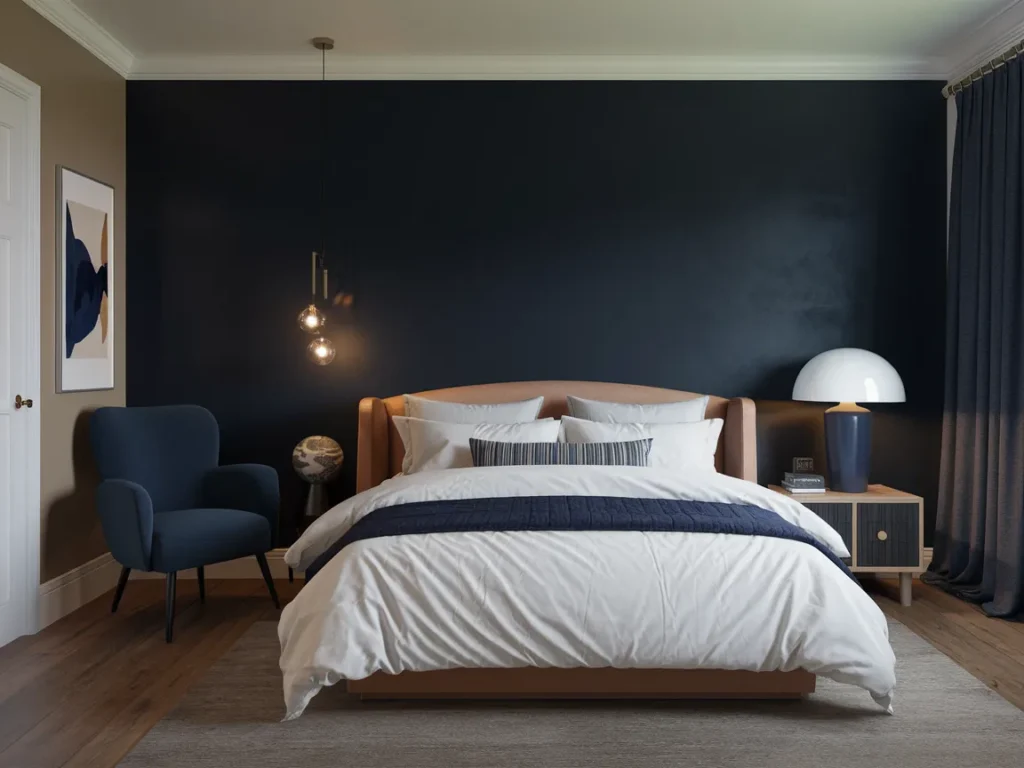 Bedroom with navy accent wall 