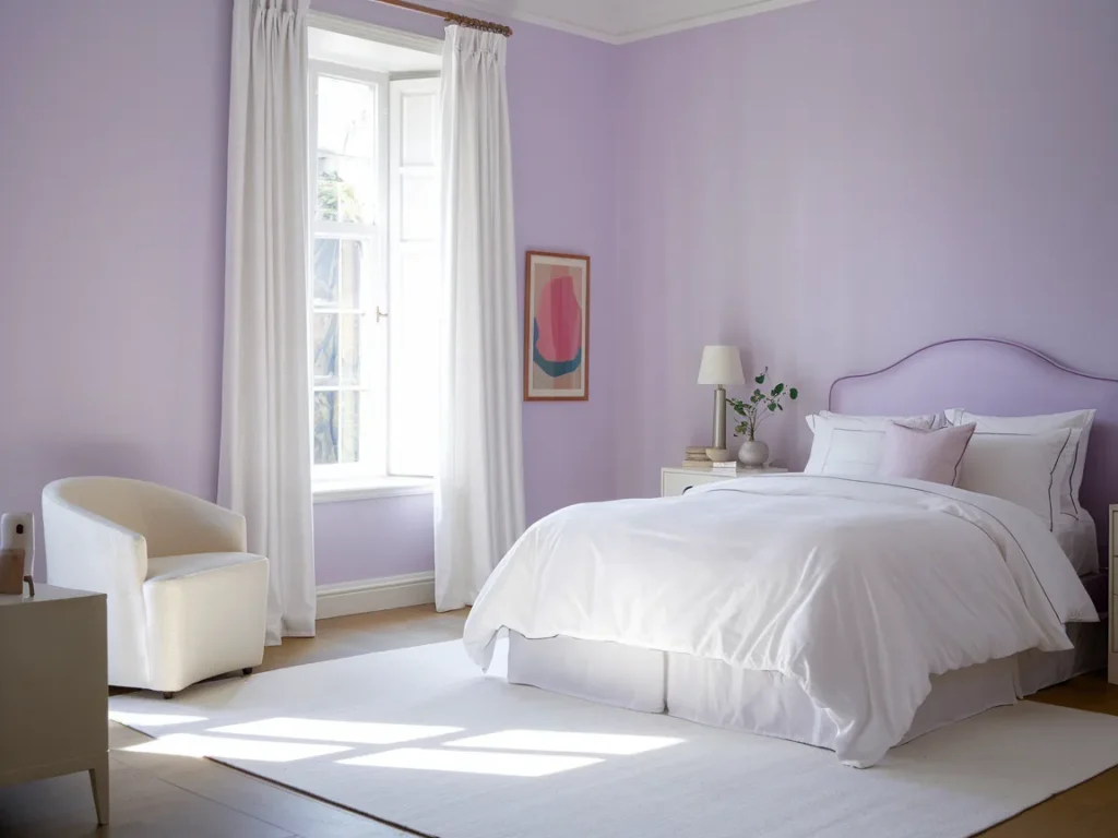 Bedroom with soft lavender walls and white bedding