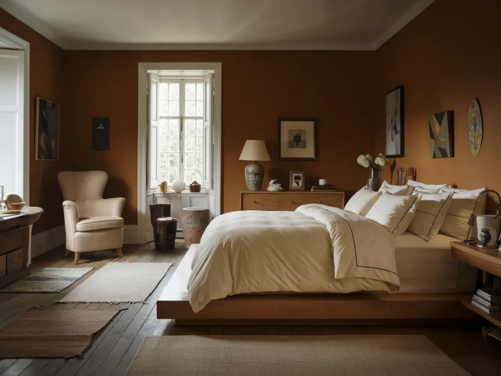 Bedroom with warm brown walls and ivory bedding